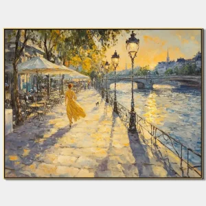 Impressionistic painting with a city promenade and the play of sunlight in warm colours