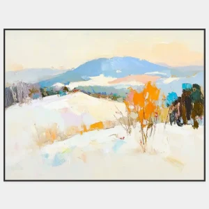 Painted landscape images with winter scenery and mountains