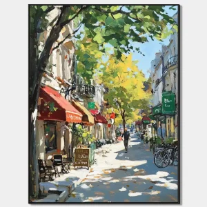 Painted paintings depict a city street in sunlight in impressionist style