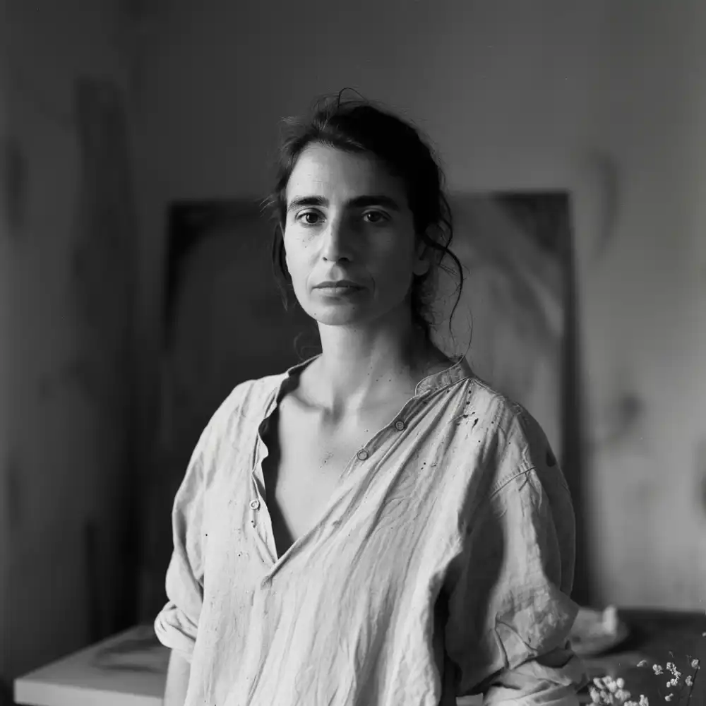 Marocká výtvarnice Malika Fadilah v ateliéru s vážným výrazem a malířskou košilí