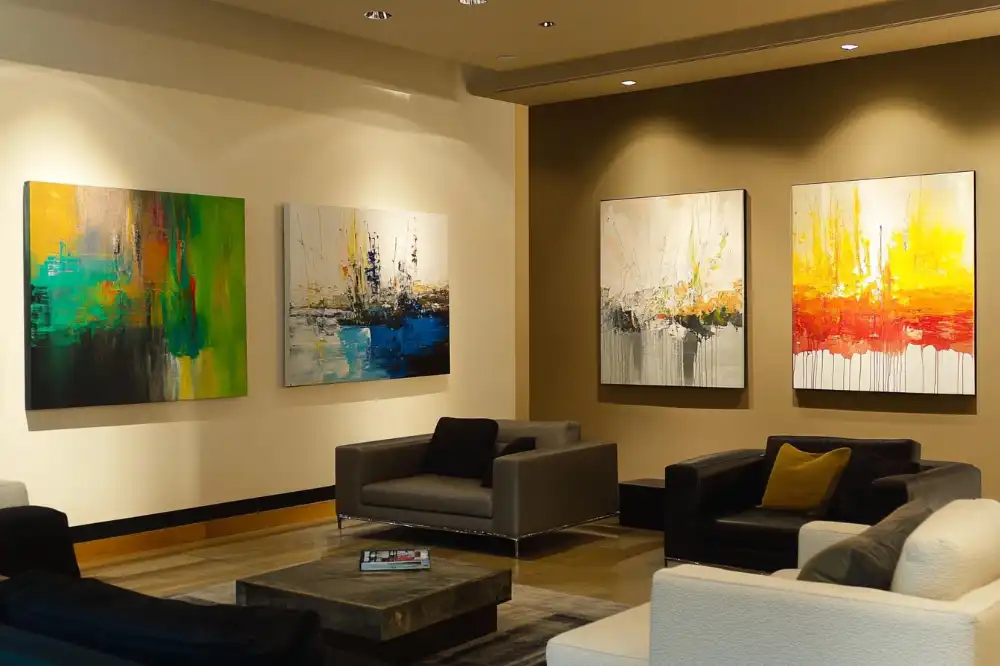 Modern interior with abstract paintings on the wall in a stylish living room