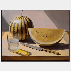 Obraz do kuchyně s realistickým zátiším s melounem, sklenicí a nožem