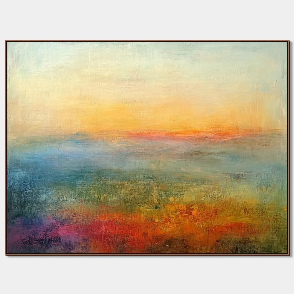 RANNÍ KLID - ABSTRAKTNÍ OBRAZ (AAA 112) 1 Obraz do obýváku s jemným světlem a barevným přechodem v mlžné krajině