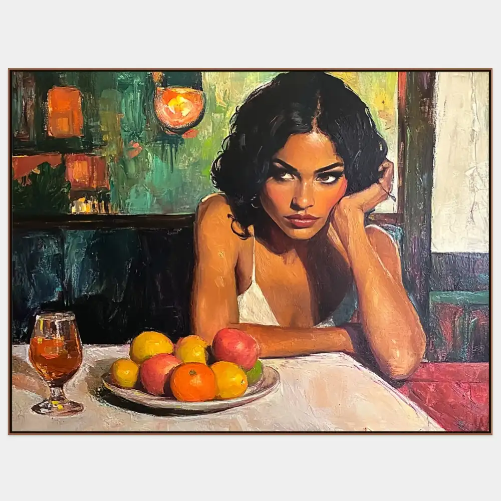 SOLITUDE IN A CAFÉ - REALISTIC PAINTING (ERA 619) 1 Image of a woman at a table with fruit and a glass