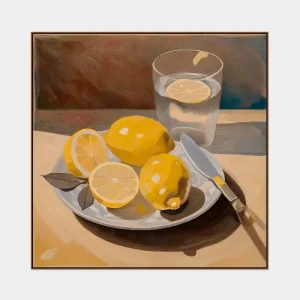 Paintings for the kitchen with realistic still life of lemons, a glass of water and a knife on a plate