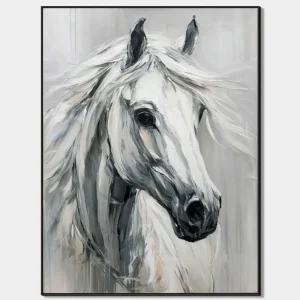 Paintings of horses with expressive portrait of a white stallion in grey and white for modern interior