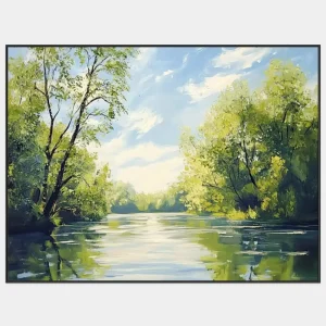 Landscape images with green trees and river under blue sky