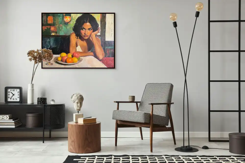 SOLITUDE IN A CAFÉ - REALISTIC PAINTING (ERA 619) 3 Image of a woman at a table with fruit and a glass