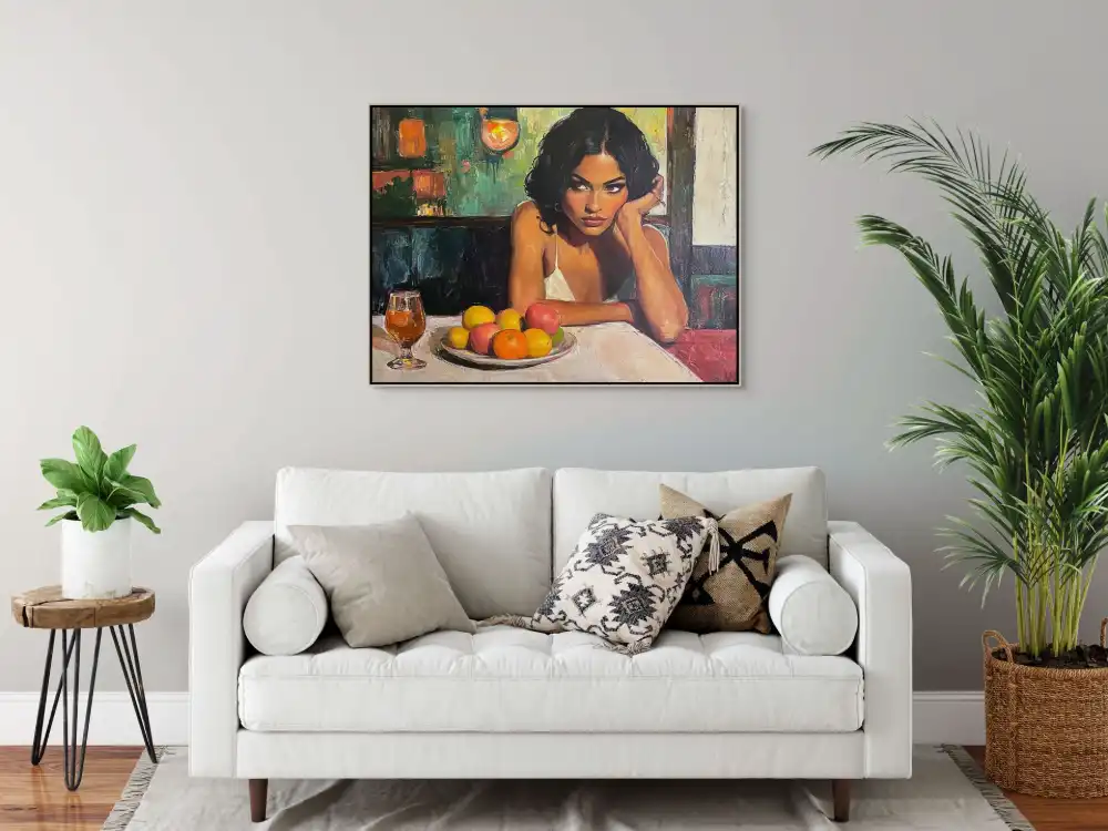 SOLITUDE IN A CAFÉ - REALISTIC PAINTING (ERA 619) 4 Image of a woman at a table with fruit and a glass
