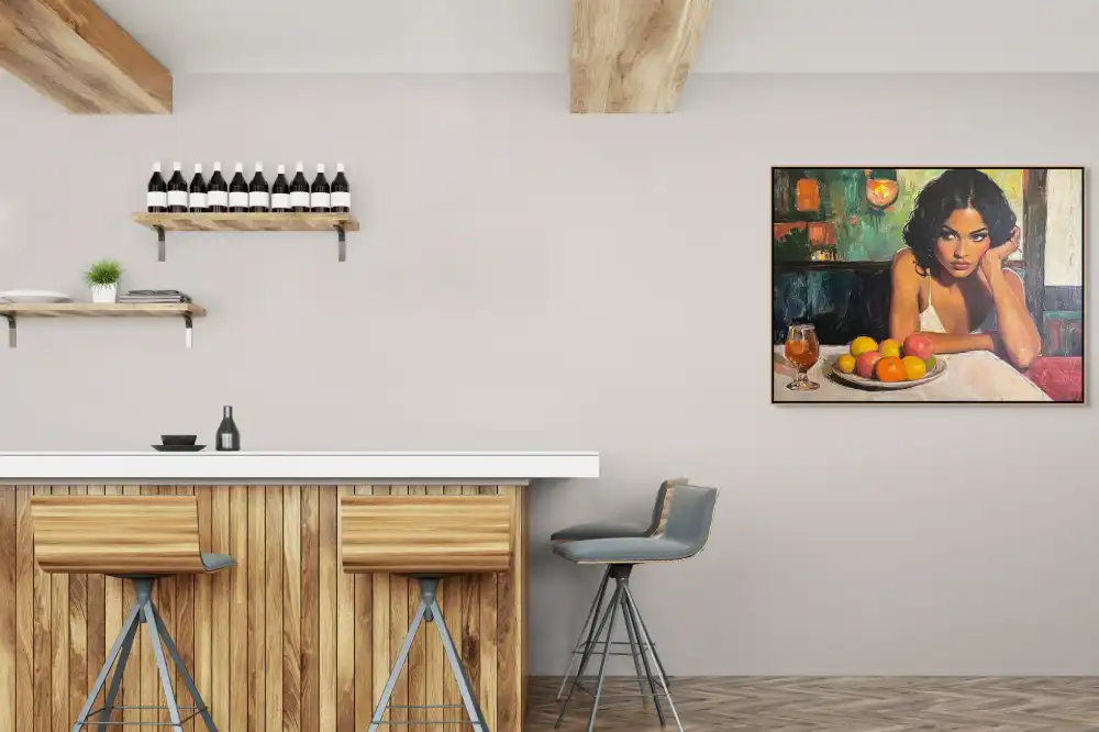 SOLITUDE IN A CAFÉ - REALISTIC PAINTING (ERA 619) 5 Image of a woman at a table with fruit and a glass