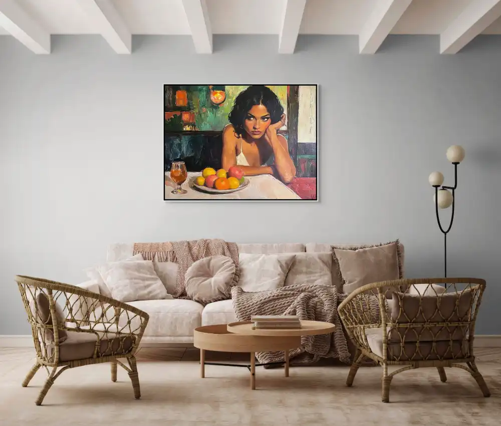 SOLITUDE IN A CAFÉ - REALISTIC PAINTING (ERA 619) 6 Image of a woman at a table with fruit and a glass
