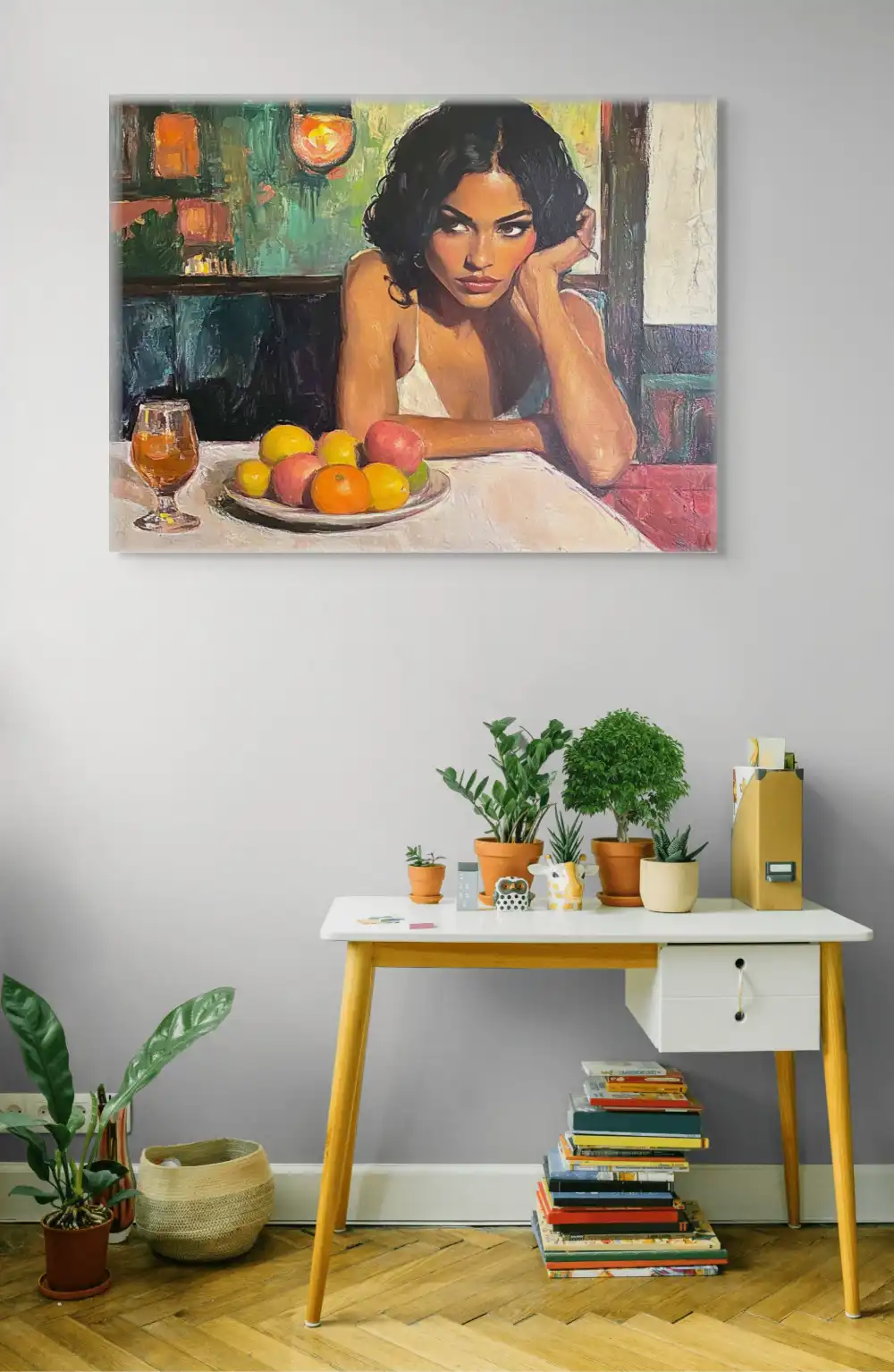 SOLITUDE IN A CAFÉ - REALISTIC PAINTING (ERA 619) 7 Image of a woman at a table with fruit and a glass