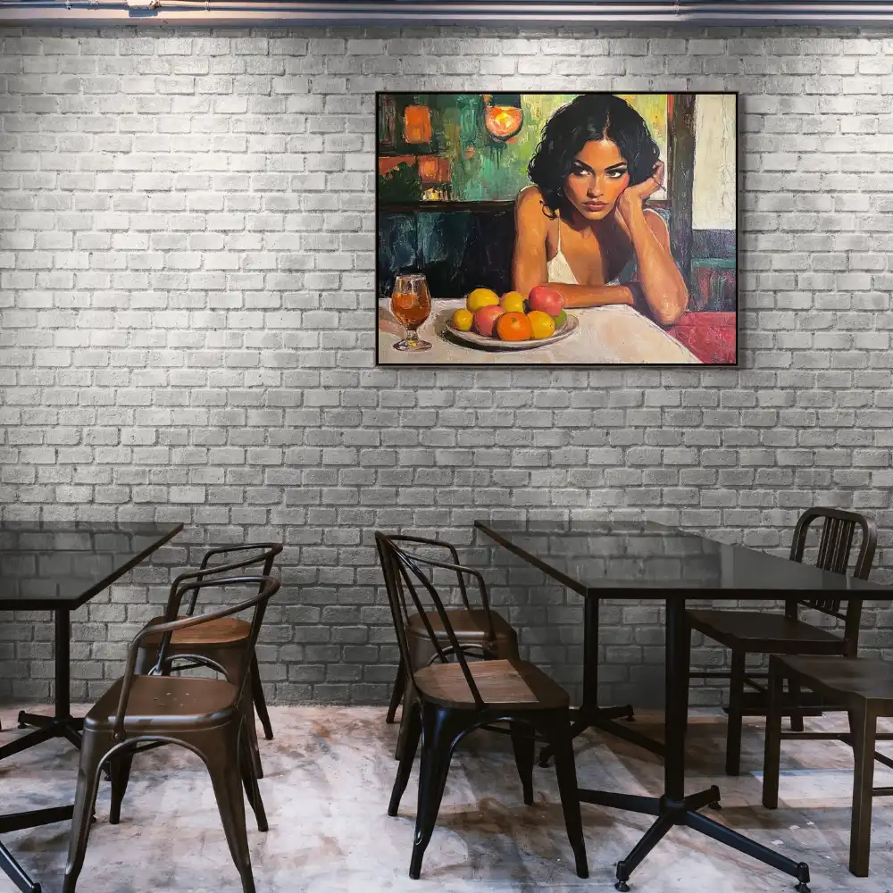 SOLITUDE IN A CAFÉ - REALISTIC PAINTING (ERA 619) 2 Image of a woman at a table with fruit and a glass
