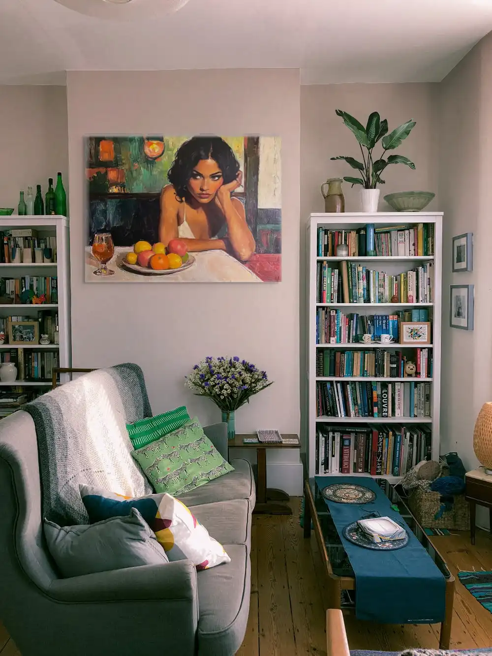 SOLITUDE IN A CAFÉ - REALISTIC PAINTING (ERA 619) 8 Image of a woman at a table with fruit and a glass