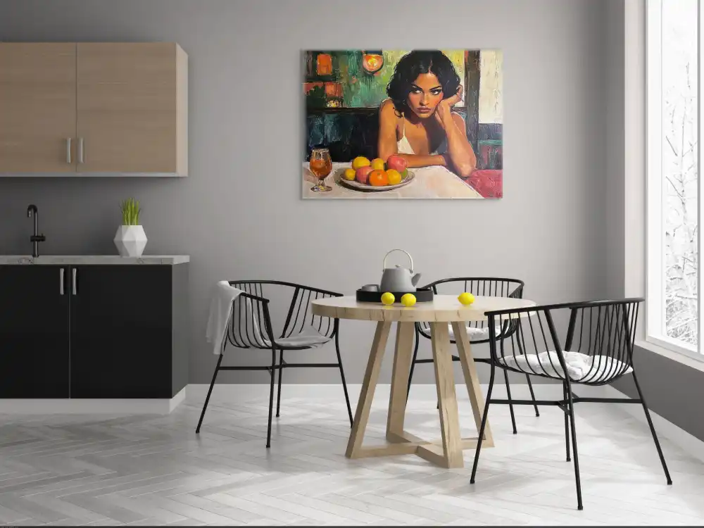 SOLITUDE IN A CAFÉ - REALISTIC PAINTING (ERA 619) 9 Image of a woman at a table with fruit and a glass