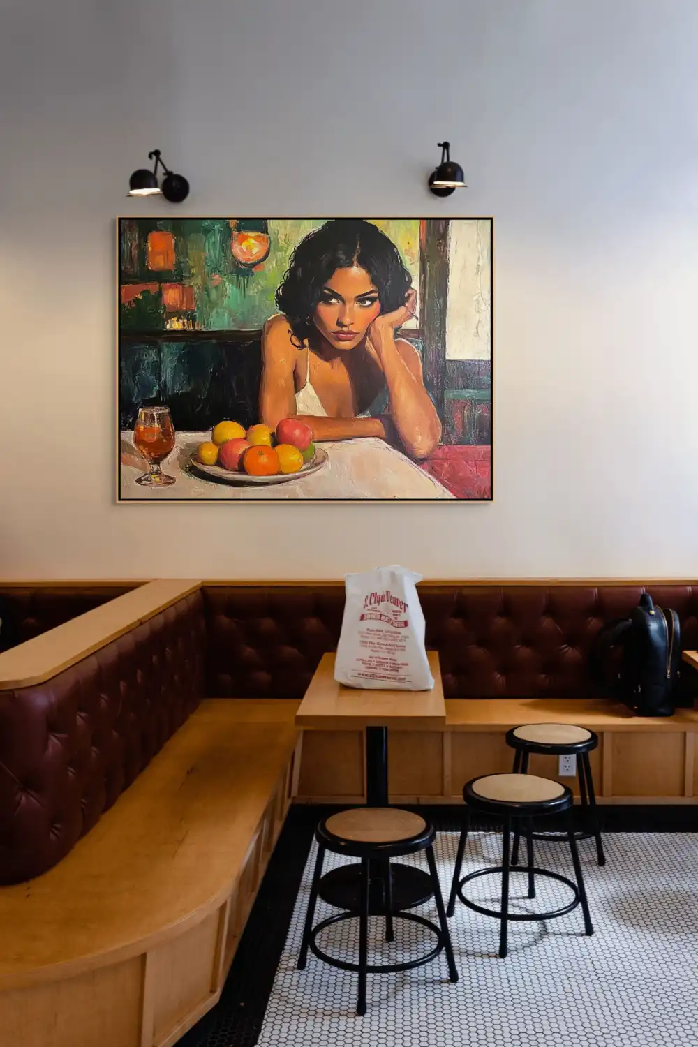 SOLITUDE IN A CAFÉ - REALISTIC PAINTING (ERA 619) 10 Image of a woman at a table with fruit and a glass