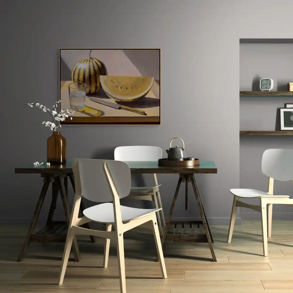 SLUNEČNÝ STŮL - REALISTICKÝ OBRAZ (JRA 601) 2 Obraz do kuchyně s realistickým zátiším s melounem, sklenicí a nožem
