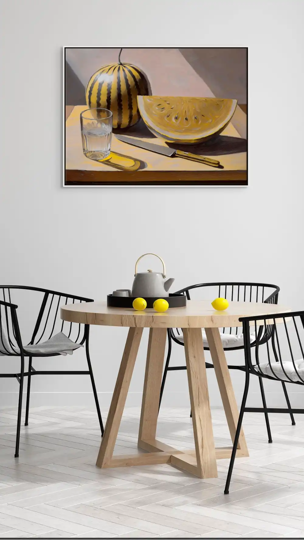 SLUNEČNÝ STŮL - REALISTICKÝ OBRAZ (JRA 601) 9 Obraz do kuchyně s realistickým zátiším s melounem, sklenicí a nožem