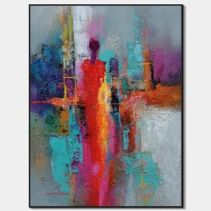 artonline – malba na zeď v abstraktním stylu se sytými červenými, tyrkysovými a fialovými tóny