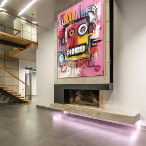 artonline – Street-Art-Bild mit ausdrucksstarkem Gesicht in Rosa- und Gelbtönen