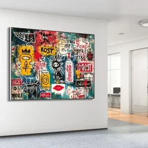 artonline – handgemaltes Street-Art-Bild mit einer bunten Collage aus Symbolen, Logos und Schriftzügen im Stil der urbanen Kunst