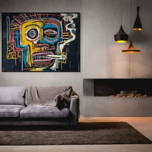 Streetart-Wandkunst mit frechem Gesicht, satten Farben und energiegeladenem urbanen Stil