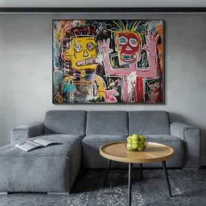 Graffiti-Bilder mit zwei Figuren, kräftigen Farben und dynamischem urbanen Stil