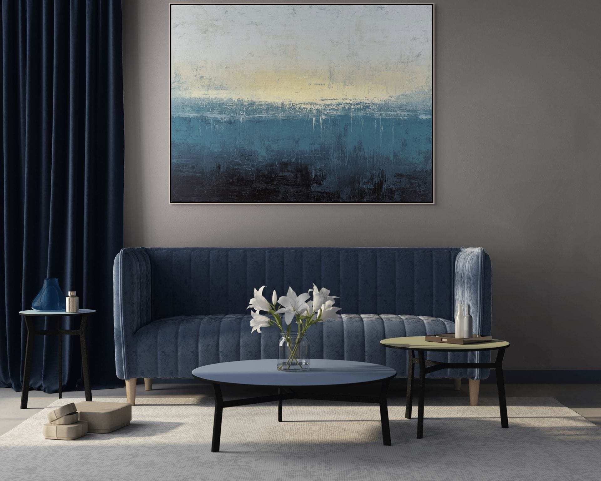 MODRÁ HRANICE - ABSTRAKTNÍ OBRAZ (AAA 150) 4 Modrá hranice – malovaný obraz do obýváku v modrých tónech