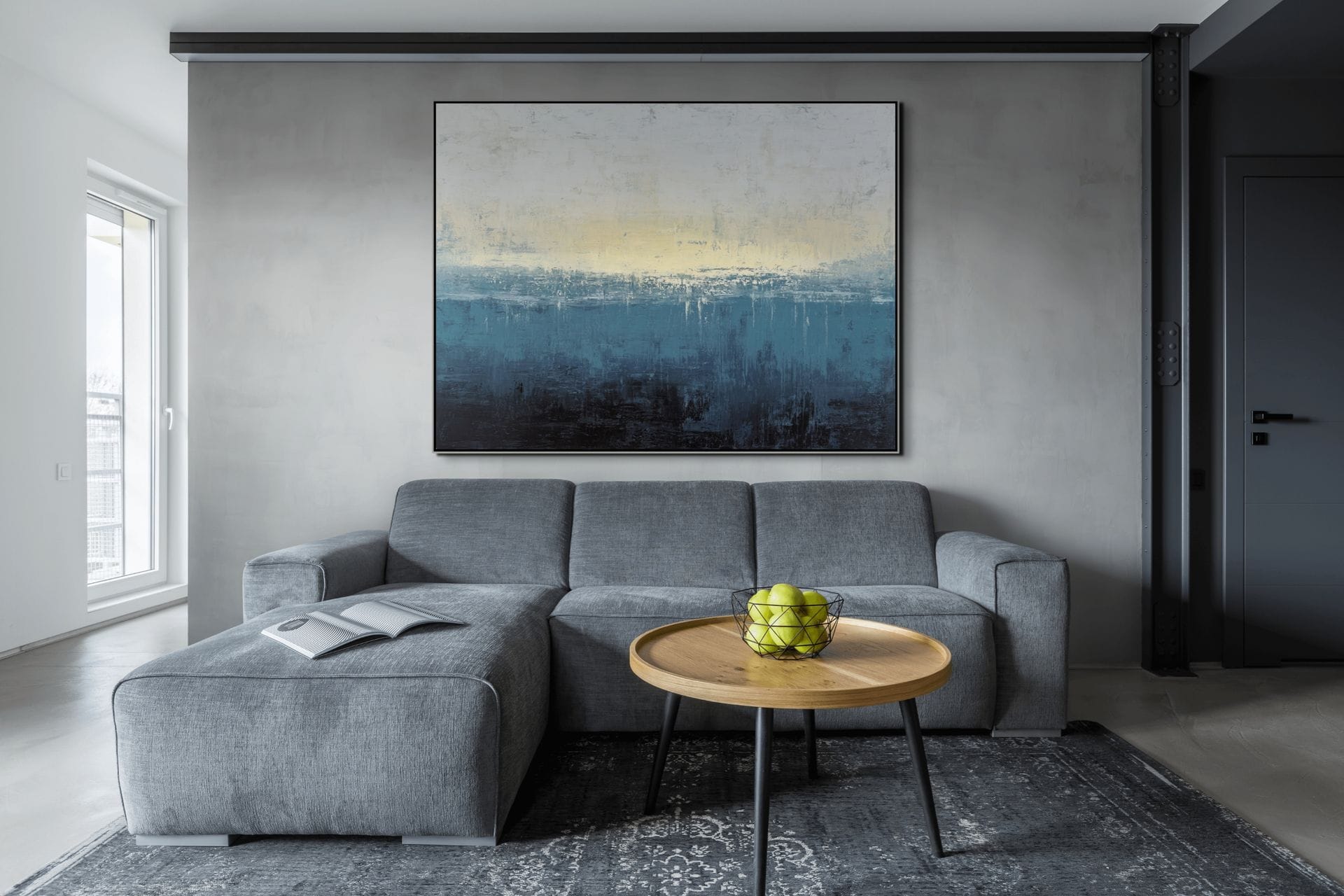 MODRÁ HRANICE - ABSTRAKTNÍ OBRAZ (AAA 150) 11 Modrá hranice – malovaný obraz do obýváku v modrých tónech