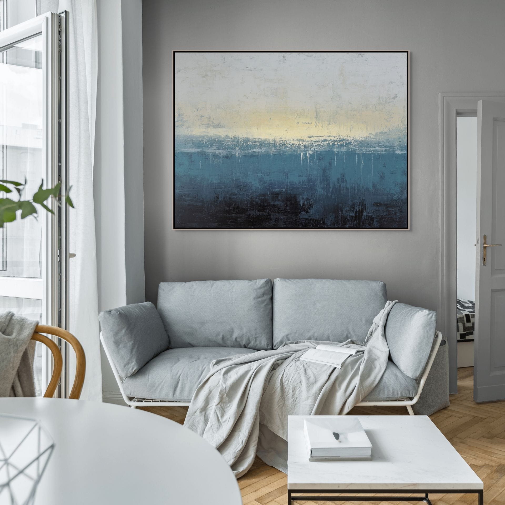 MODRÁ HRANICE - ABSTRAKTNÍ OBRAZ (AAA 150) 2 Modrá hranice – malovaný obraz do obýváku v modrých tónech