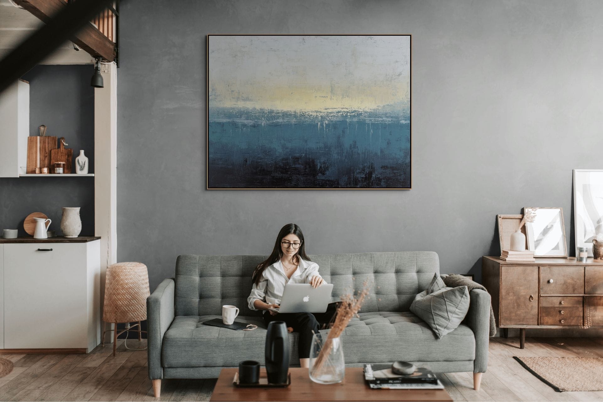 MODRÁ HRANICE - ABSTRAKTNÍ OBRAZ (AAA 150) 8 Modrá hranice – malovaný obraz do obýváku v modrých tónech