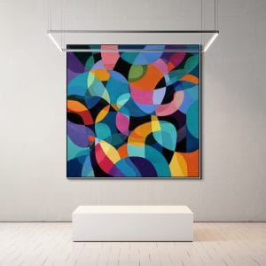 malovaný obraz s abstraktními oblouky a pestrou barevnou kompozicí