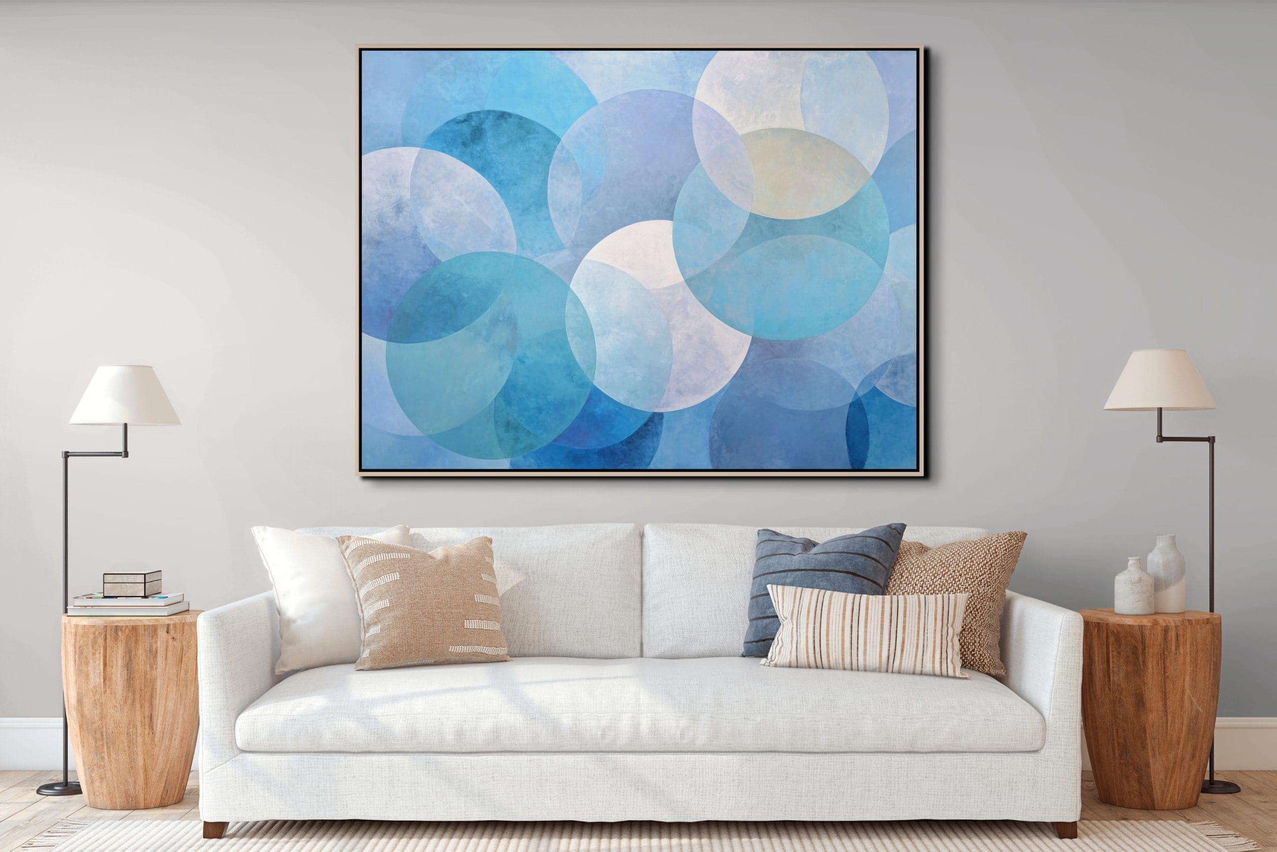 Modrá barva a její uklidňující efekt 1 artonline – Moderní malby na zeď s průsvitnými kruhovými tvary v modré