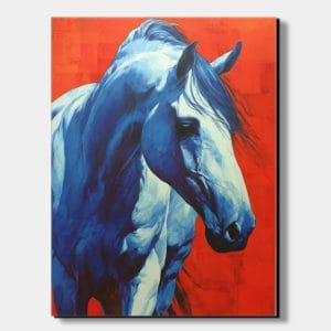Obraz s koněm – modrý bělouš na červeném pozadí