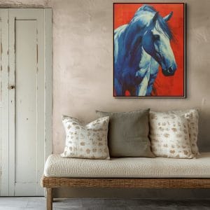 Obraz s koněm – modrý bělouš na červeném pozadí | originální malba