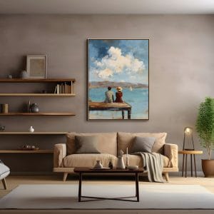 Jemná dekorace na zeď do ložnice s klidnou scénou u vody