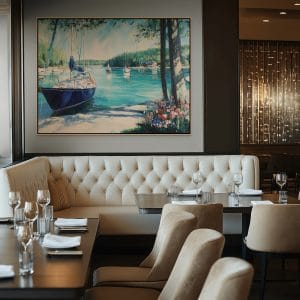 Ručně malovaný obraz na zeď do ložnice s motivem klidné mariny