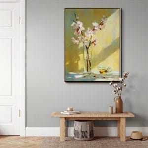 Dotek jara – obraz sakura s květy ve váze | originální malba