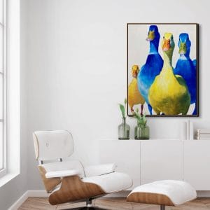 Husí pochod – obrazy se zvířaty v modré a žluté barevnosti