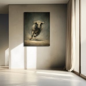 Ručně malované malby zvířat s názvem Nezastavitelný zobrazující detailní portrét běžícího býka v prachu s důrazem na svalovou anatomii