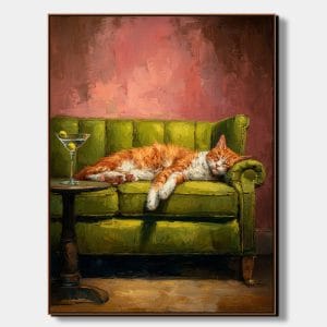 malované obrazy koček – kočka odpočívá na zelené pohovce