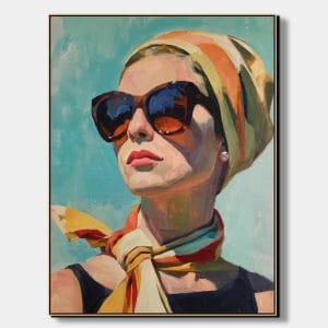 Ručně malovaný Velký obraz s názvem Město a slunce zobrazující stylový portrét ženy ve slunečních brýlích a barevném šátku na tyrkysovém pozadí
