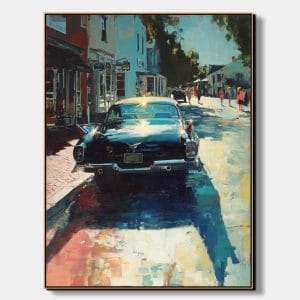 Ručně malované obrazy aut s názvem Lesk minulosti zobrazující detail zadní části černého veterána s odlesky slunce na prosluněné ulici