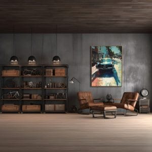 Ručně malované obrazy aut s názvem Lesk minulosti zobrazující detail zadní části černého veterána s odlesky slunce na prosluněné ulici