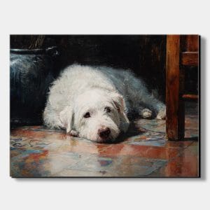 Ručně malovaná Malba psa s názvem Strážce domova zobrazující ležícího bílého huňatého psa s hlavou na tlapách v klidném interiéru
