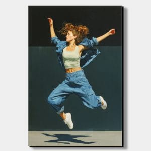 Realistická malba ženy ve skoku s výrazným světlem a stínem