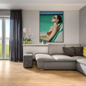 Pod jižním sluncem – obraz ženy u moře na lehátku | originální malba