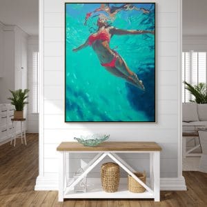 originální obrazy prodej – žena pod hladinou v růžových plavkách
