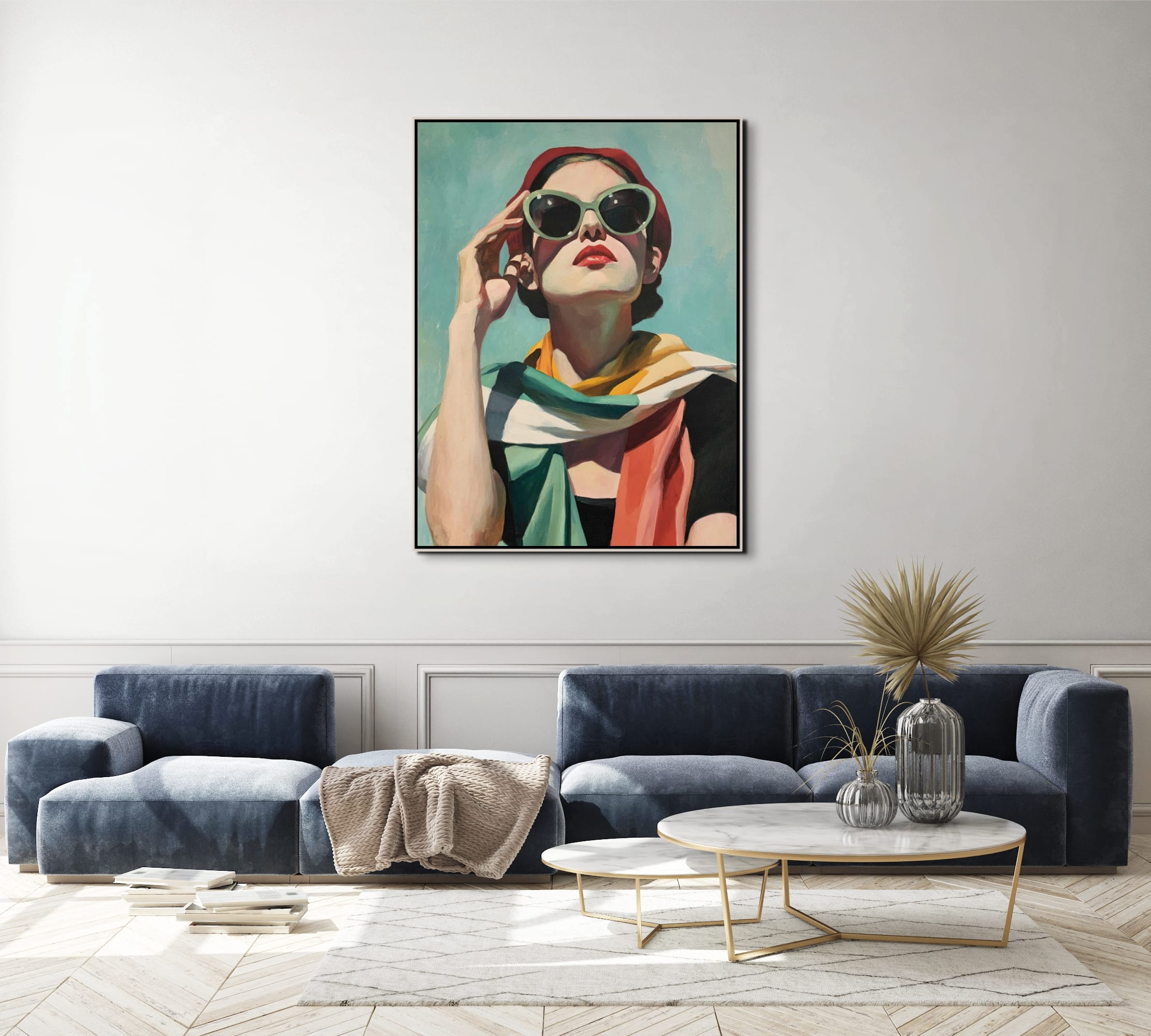 LETNÍ ELEGANCE - REALISTICKÝ OBRAZ (CRA 654) 3 Ručně malované krásné obrazy na plátně s názvem Letní elegance zobrazující stylovou ženu v retro brýlích a barevném šátku