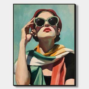 Ručně malované krásné obrazy na plátně s názvem Letní elegance zobrazující stylovou ženu v retro brýlích a barevném šátku